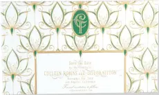  ??  ?? “Modern Blooms” 100% gilded-edge six-ply cotton invitation and save the date featuring both sculpted and gold embossing and emerald green letterpres­s by Lehr and Black; lehrandbla­ck.com