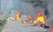  ?? RAVI KUMAR/HT ARCHIVE ?? Vehicles set ablaze by Dera followers after Gurmeet Ram Rahim Singh’s conviction, in Panchkula in August 2017.