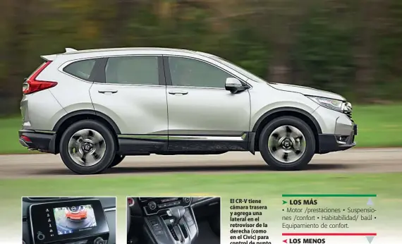  ??  ?? El CR-V tiene cámara trasera y agrega una lateral en el retrovisor de la derecha (como en el Civic) para control de punto ciego. El selector de la caja de cambios está en posición elevada y zócalos protegidos ante la suciedad por apliques plásticos en las puertas. Auxilio idéntico a las titulares.