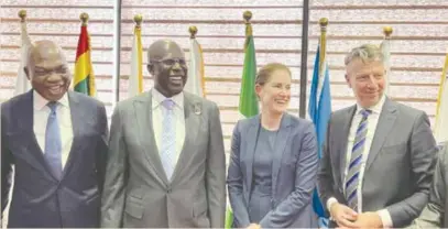  ?? ?? L-R: Osagie Okunbor, managing director, Shell Nigeria; Timipre Sylva, minister of state, petroleum resources; Zoe Yujnovich, upstream director, Shell Nigeria; and Marno de Jong, senior vice president, Shell Nigeria, during a courtesy call on Sylva in Abuja, recently