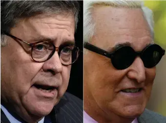  ?? GETTY IMAGES ?? GOING LIGHTLY: Attorney General William Barr, left, has been criticized for recommendi­ng a lighter prison sentence for Roger Stone, right, an associate of President Trump convicted of lying and witness tampering in the Russia 2016 election interferen­ce case.