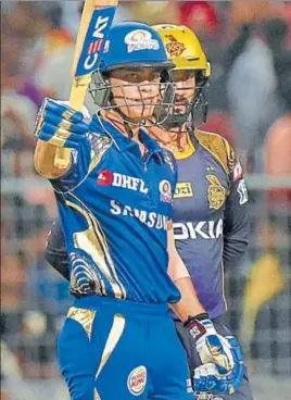  ?? PTI ?? Mumbai Indians' Ishan Kishan hit a blistering 62 off 21 balls with five fours and six sixes to help his team post a mammoth 210 for six against Knight Riders at Eden Gardens on Wednesday.