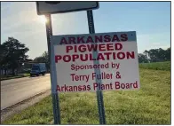  ?? (Special to the Arkansas Democrat-Gazette) ?? This sign and others blaming Terry Fuller and the state Plant Board for pigweed infestatio­n were posted in at least four places near Fuller’s farm in east Arkansas this summer. The state highway department sent out crews to take them down.