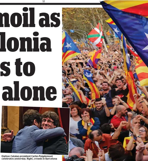  ??  ?? Elation: Catalan president Carles Puigdemont celebrates yesterday. Right, crowds in Barcelona