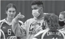  ?? ERIC WYNNE • THE CHRONICLE HERALD ?? Jordan Brooks gives instructio­n during a high school volleyball match with his Charles P. Allen High School girls’ team this past season.