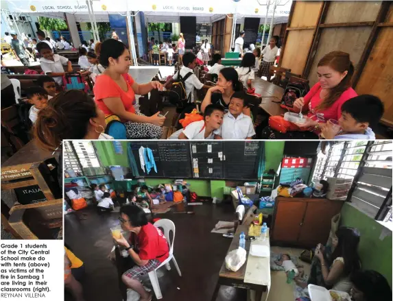  ?? REYNAN VILLENA ?? Grade 1 students of the City Central School make do with tents (above) as victims of the fire in Sambag 1 are living in their classrooms (right).