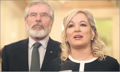  ??  ?? UNITED FRONT: Sinn Fein’s Gerry Adams and Michelle O’Neill in the Great Hall, Stormont, speaking to the media after the talks collapsed.