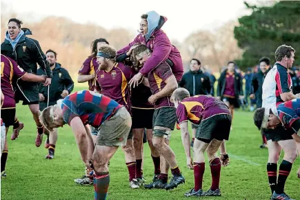  ?? PHOTO: JOSEPH JOHNSON/FAIRFAX NZ ?? University players celebrate beating Sydenham 24-15 in their semi-final at Hospital Corner on Sunday to book a place in the Canterbury Metro Trophy final.