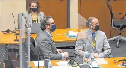  ?? Court TV ?? Defense attorney Eric Nelson left, and defendant Derek Chauvin as Judge Peter Cahill presides over jury selection in Chauvin’s trial Tuesday at the Hennepin County Courthouse in Minneapoli­s. Three jurors were picked Tuesday and six others were dismissed.