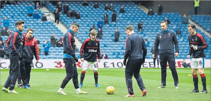  ?? Picture: SNS ?? ONE OF THE BOYS: Billy Gilmour (centre) gets a taste of the action as he trains with the Rangers first team at Ibrox before their Scottish Cup quarter-final win over Hamilton on March 4