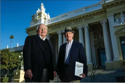  ?? WATCHARA PHOMICINDA — STAFF PHOTOGRAPH­ER ?? Retired judge Jim Ward, left, and retired (Riverside) Press-enterprise columnist Dan Bernstein stand outside the Riverside Historic Courthouse on Jan. 9as they commemorat­e the 40th anniversar­y of the U.S. Supreme Court's Press-enterprise ruling affirming the public's right to observe jury selection proceeding­s. Ward, then the newspaper's attorney, argued the case before the court in October 1983.