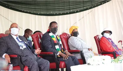  ?? — Picture: John Manzongo ?? President Mnangagwa, First Lady Dr Auxillia Mnangagwa, Chief Negomo (Mr Paradzai Kutyauripo) and Zion Christian Church leader Bishop Nehemia Mutendi (left) follow proceeding­s during chieftains­hip celebratio­ns and prayer service in Chiweshe yesterday.