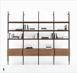  ??  ?? VERSATILE & VIVID STORAGE SYSTEMS
1. Jack system by B&B Italia, call for pricing, at Kiosk; 2. Royal System Shelving Unit D, from $9745, at Design Within Reach; 3. Preface Layout 9.1 by Gautier, from $7845.