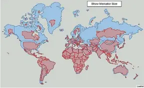  ??  ?? Left: The shortest possible routes between two European cities and two New Zealand cities involve counterint­uitive opposite flights around the globe, demonstrat­ing how 2D maps skew our view of the world.
Above: The real size of countries (shown on the map in red) is occasional­ly wildly inconsiste­nt with how they are depicted on standard Mercator projection maps (show in blue).