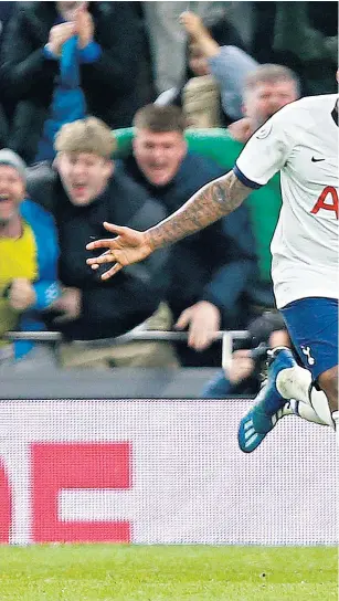  ??  ?? Child-like joy: Steven Bergwijn (left) celebrates with his new team-mates after scoring his first goal for Spurs