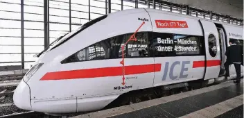  ?? FOTO: DPA ?? Ein ICE-Sprinter vor einer Testfahrt auf der Neubaustre­cke Erfurt - Bamberg im Erfurter Bahnhof.