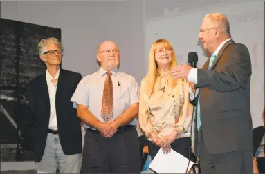  ?? Leslie Hutchison / Hearst Connecticu­t Media ?? Organizers of the candidate forum, from left, John Sullivan, CAFTA co-founder and director of developmen­t; John Kissko, time-keeper; Teresa G. Sullivan, CAFTA co-founder and executive director; and moderator Owen Quinn.