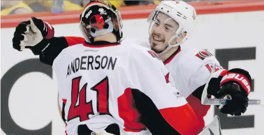  ?? GENE J. PUSKAR/THE ASSOCIATED PRESS FILES ?? Ottawa Senators centre Jean-Gabriel Pageau, right, avoided arbitratio­n by agreeing to a three-year, US$9.3-million contract extension Monday.
