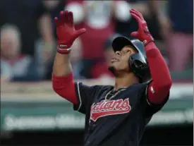  ?? TONY DEJAK — ASSOCIATED PRESS ?? Francisco Lindor looks up after hitting a solo home run off Athletics starter Sean Manaea during the fourth inning May 31. It was the lone Indians offense in a 3-1 loss.