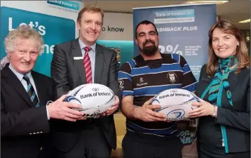  ??  ?? Bank of Ireland, sponsores of the Provincial Towns Cup, presenting rugby balls to Wexford Wanderers for use in Sunday’s game (from left): Brian MacGonagle (club President), Andrew Owen, Aidan Stewart (team captain) and Patrice Byrne.