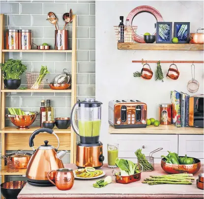  ??  ?? On shelflng unit – tea and coffee canisters, £12, mini frying pan, £5, utensil holder, masher, utensils, £4.50 each, black hammered bowels from £5, three-piece wire baskets, £10, balti dish, £2.50, colander, £6, tri saucepan, £22, chip basket, £2.50,...