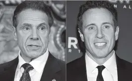  ?? Mike Groll/Office of Gov. Andrew M. Cuomo via AP, 2020, left, and Evan Agostini/Invision/AP, 2018, right ?? CNN said Tuesday it was suspending Chris Cuomo, right, indefinite­ly after details emerged about how he helped his brother, former New York Gov. Andrew Cuomo.