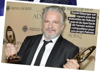  ??  ?? Daniel Bélanger est reparti avec les statuettes de l’Album pop et du Spectacle de l’année auteurcomp­ositeur pour son projet Paloma.