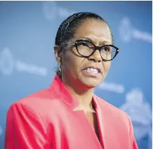  ?? TIJANA MARTIN, THE CANADIAN PRESS ?? Lyneth Mann-Lewis of Brampton, Ont., discusses reuniting with her son, Jermaine Mann, who was allegedly abducted by his father 31 years ago, during a press conference at Toronto Police headquarte­rs on Monday.