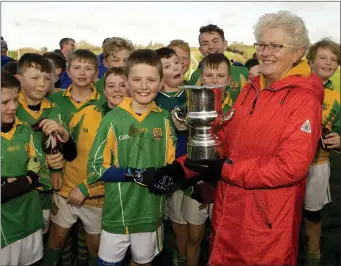  ??  ?? Pauleen Allen presents the cup to Dunlavin captain Darragh Corrigan.