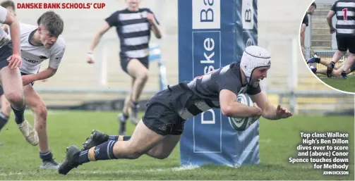  ?? JOHN DICKSON ?? Top class: Wallace High’s Ben Dillon dives over to score and (above) Conor Spence touches down
for Methody