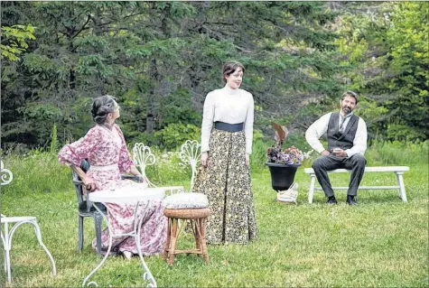 ?? CLAIRE MILTON ?? Genevieve Steele, left, as Helena, Andrea Lee Norwood, as Sonia, and Matthew Lumley, as Ivan, converse at the outset of North Mountain Vanya.