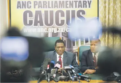  ?? Picture: AFP ?? HE’S GONE. ANC treasurer-general Paul Mashatile, left, and chief whip Jackson Mthembu in Cape Town yesterday during a press conference to discuss Jacob Zuma’s options.