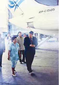  ??  ?? Former First Lady Ming Ramos and John Gokongwei Jr. at the launch of Cebu Pacific's inaugural flight in 1996.