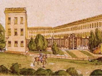  ?? Fotos: Sammlung Häußler ?? Aquarell vom Schüle’schen Fabrikschl­oss um 1810 mit der Hofeinfahr­t. Im Vordergrun­d sind der schmiedeei­serne Zaun und das Portal erkennbar.
