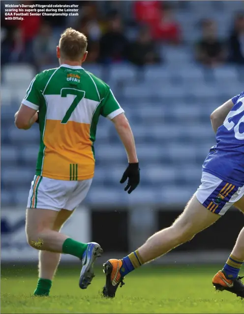  ??  ?? Wicklow’s Darragh Fitzgerald celebrates after scoring his superb goal during the Leinster GAA Football Senior Championsh­ip clash with Offaly.