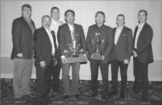  ?? Photo submitted by McCain Foods Canada ?? From left, Jeremy Carter, manager, field department; Mark MacPhail, director, Agricultur­e, Integrated Supply NA; Andrew Jay, Coaldale plant manager; champion growers Stuart Kanagawa and Stan Kanagawa, S-Scan Farms; Shai Altman, president, McCain Foods...