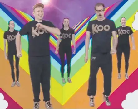  ??  ?? Children's entertaine­rs Koo Koo Kangaroo as they appear in the video to their song ‘Awesome Rainbows’.