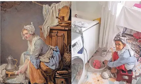  ?? FOTO: DPA ?? „Die Wäscherin“von Jean-Baptiste Greuze (1761) aus dem Besitz des J. Paul Getty Museums und eine Nachahmung von Elizabeth Ariza mit Tochter Emma.