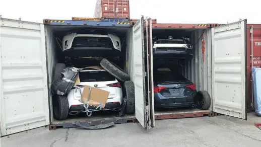  ?? INSURANCE BUREAU OF CANADA ?? Four stolen vehicles were found in shipping containers in Montreal earlier this year.