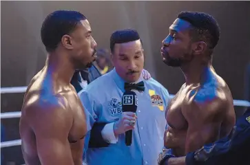  ?? ELI ADE/MGM VIA AP ?? Michael B. Jordan as Adonis Creed, left, and Jonathan Majors as Damian Anderson, right, in a scene from “Creed III.”