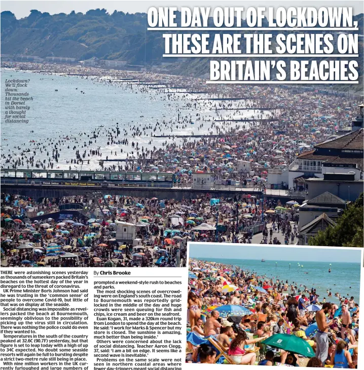  ??  ?? Lockdown? We’ll flock down: Thousands hit the beach in Dorset with barely a thought for social distancing
Sand wedged: Beach-goers in Southend-on-Sea on the east coast of England