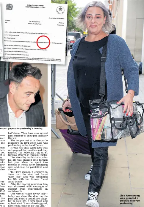  ?? Pictures: BACKGRID, REX, PA, AFP ?? Lisa Armstrong was granted a quickie divorce yesterday