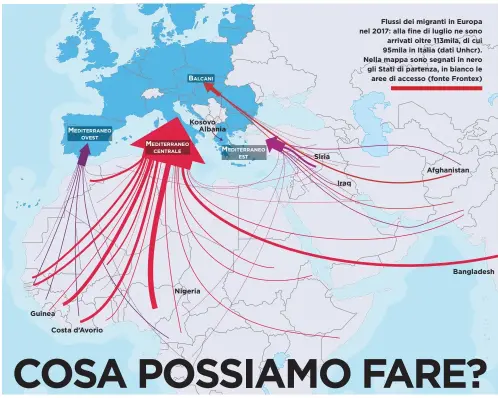  ??  ?? Flussi dei migranti in Europa nel 2017: alla fine di luglio ne sono arrivati oltre 113mila, di cui 95mila in Italia (dati Unhcr). Nella mappa sono segnati in nero gli Stati di partenza, in bianco le aree di accesso (fonte Frontex)
