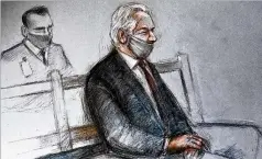  ?? ELIZABETH COOK/ PA VIA AP ?? In a court artist sketch, Julian Assange appears Monday in a London courtroom, where District Judge Vanessa Baraitser cited his precarious mental health in rejecting an extraditio­n request.