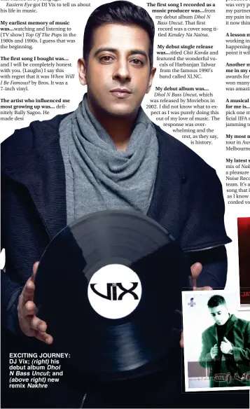  ??  ?? EXCITING JOURNEY: DJ Vix; (right) his debut album Dhol N Bass Uncut; and (above right) new remix Nakhre