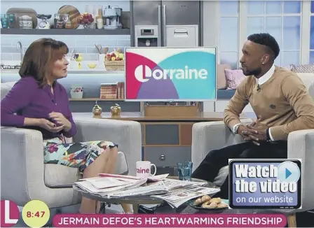  ??  ?? Jermain Defoe speaks to Lorraine Kelly on her ITV show. Left, Bradley Lowery in his video message to his hero.
