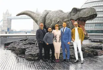  ?? Joel C. Ryan / Invision ?? Unfortunat­e timing: “Jurassic World: Fallen Kingdom” screenwrit­er Colin Trevorrow (left), director J.A. Bayona, and actors Bryce Dallas Howard, Chris Pratt and Jeff Goldblum.