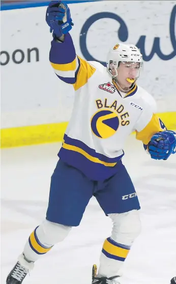  ??  ?? Logan Christense­n, who missed 21 games with a kidney injury after being cross-checked early in the season, has three goals and as many assists in his last five games with the Blades. MICHELLE BERG