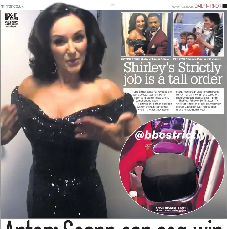  ??  ?? HEIGHT OF FAME Star Shirley Ballas poses backstage CHAIR NECESSITY Shot of her cushion posted online