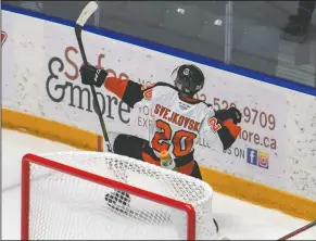  ?? NEWS PHOTO RYAN MCCRACKEN ?? Medicine Hat Tigers forward Lukas Svejkovsky celebrates after scoring a goal in a Western Hockey League game against the Regina Pats on Saturday, Feb. 29 at the Canalta Centre.